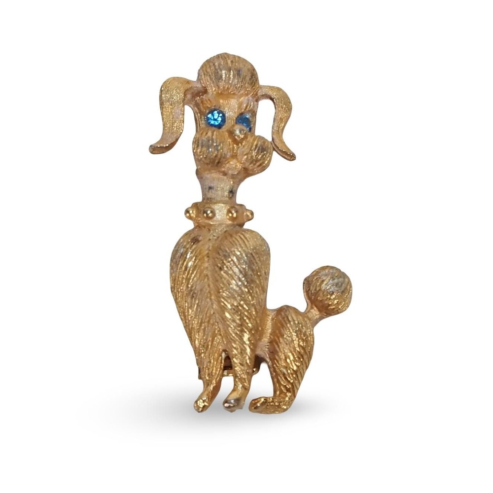 Vintage Poodle Dog Brooch Blue Rhinestone Eyes Gold Tone Figural Bow Pin